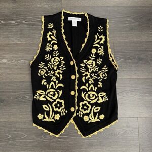 Arriviste Black Gold Embroidered Sweater Vest M 90s Vtg Boho Coquette Folk Art